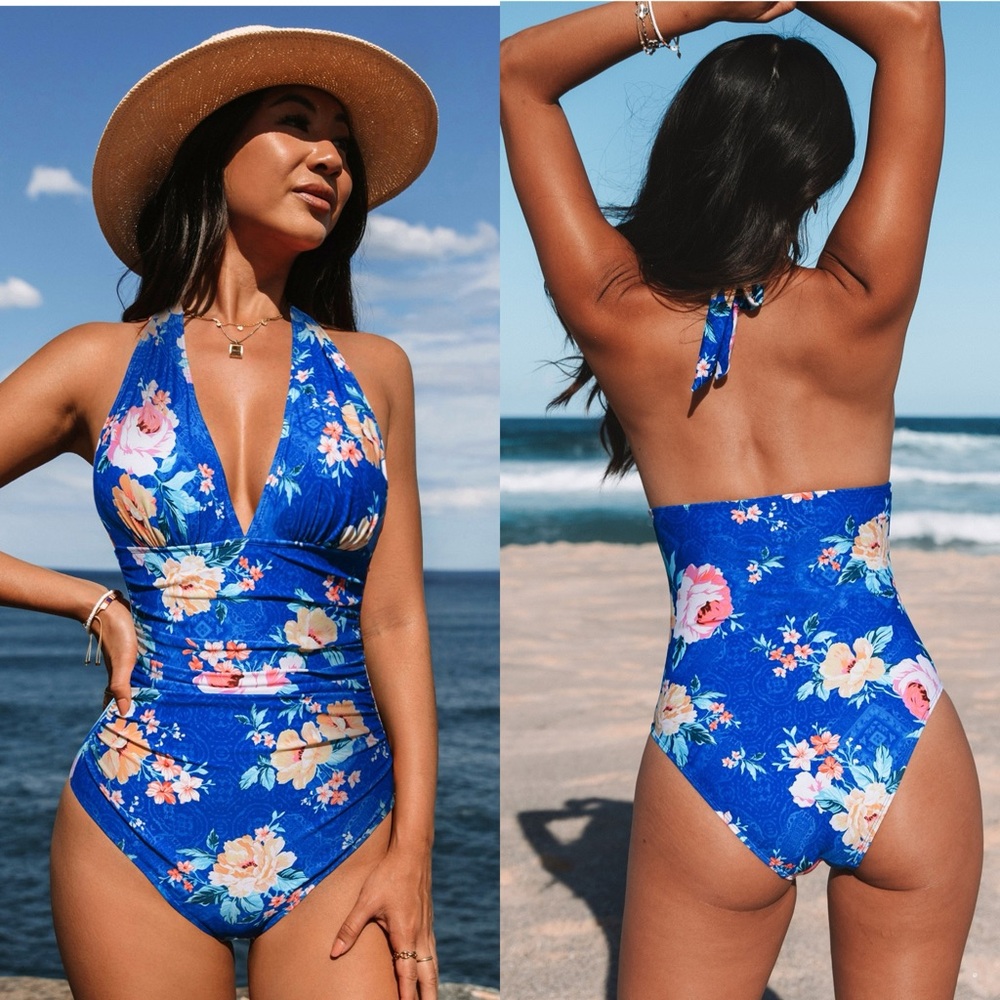 NWT Blue Floral Plunging Tummy Control One-Piece SIZE XL